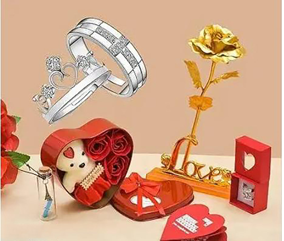Teddy In Heart Box Matching Rings Lifelike Rose Custom Message The Perfect Romantic Gift Image 1