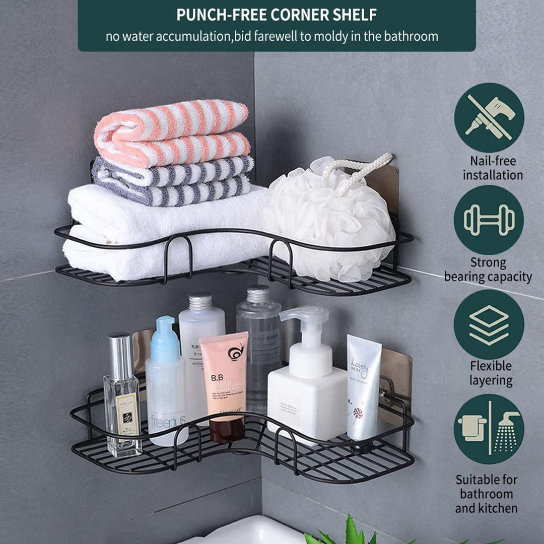 Pack Of 2 Self Adhesive Shelfstorage Organizer For Bathroom And Kitchen Corner Wall Mounted Rack Shelf Bathroom Accessories Storage Rack No Drilling Shelf Adhesive 8 And 9 Inchblack Image 4