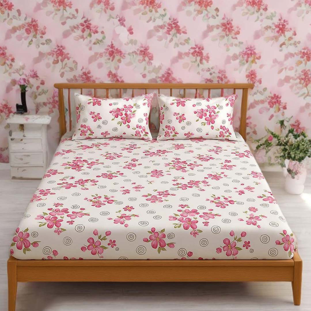 Cotton (60x90 Inch) Single Size Bedsheet With 2 Pillow Cover in White & Pink Color Image 3