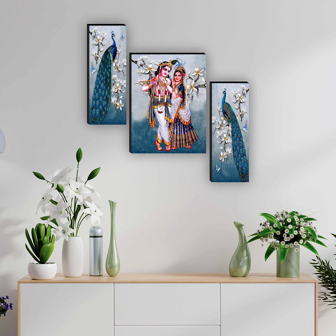 Saf Set Of 3 Radha Krishna With Couple Peacock Uv Textured Home Decorative Gift Item Self Adeshive Painting 12 Inch X 18 Inch Image 2