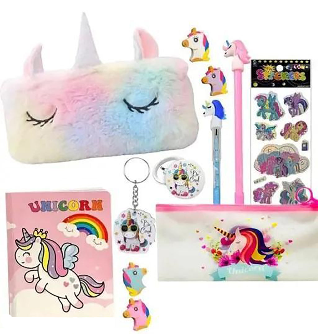 9 In 1 Items Gift Set Unicorn Diary Clear Folder Pouch Gel Pen Pencil 4 Pc Eraser Set Keychain Badge Fur Pouch Stickers Image 1
