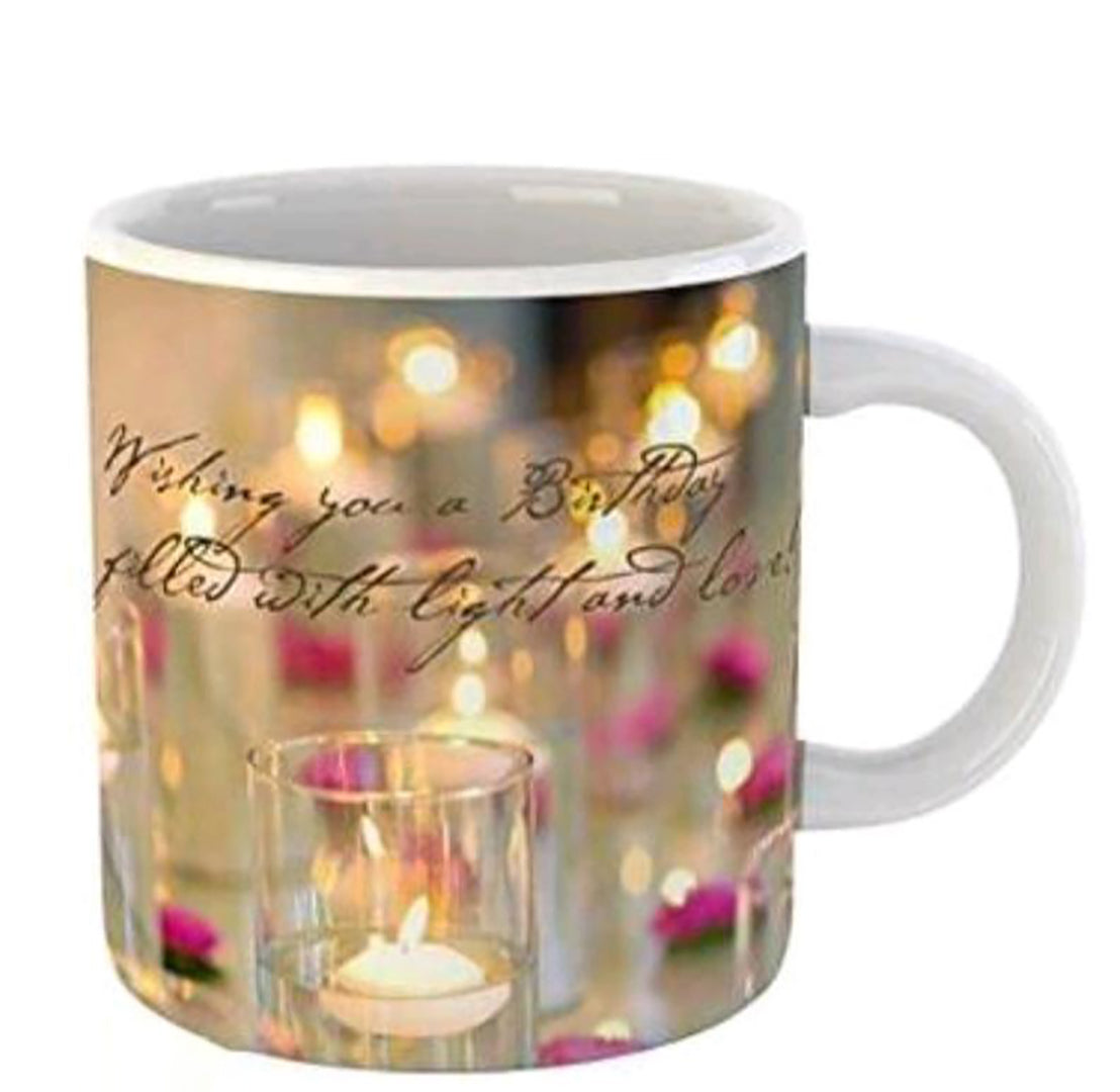 Happy Birthday Joy And Light Ceramic Mug Glossy Finish With Vibrant Print Printed Coffee Mug White With Keychain 350Ml Image 3