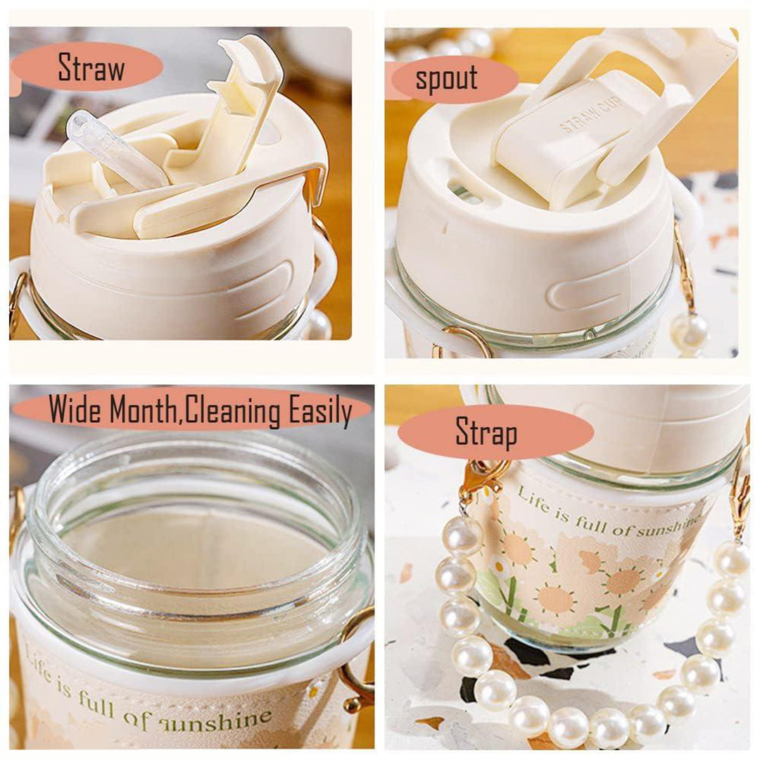 Glass Water Bottle Coffee Cup With Straw Lid Travel Mug With Pearl Handle And Nonslip Sleeve Leak Proof Tea Tumbler For Hot Cold Drink On Go Cup 350Ml Cupmulti Colourpack Image 3
