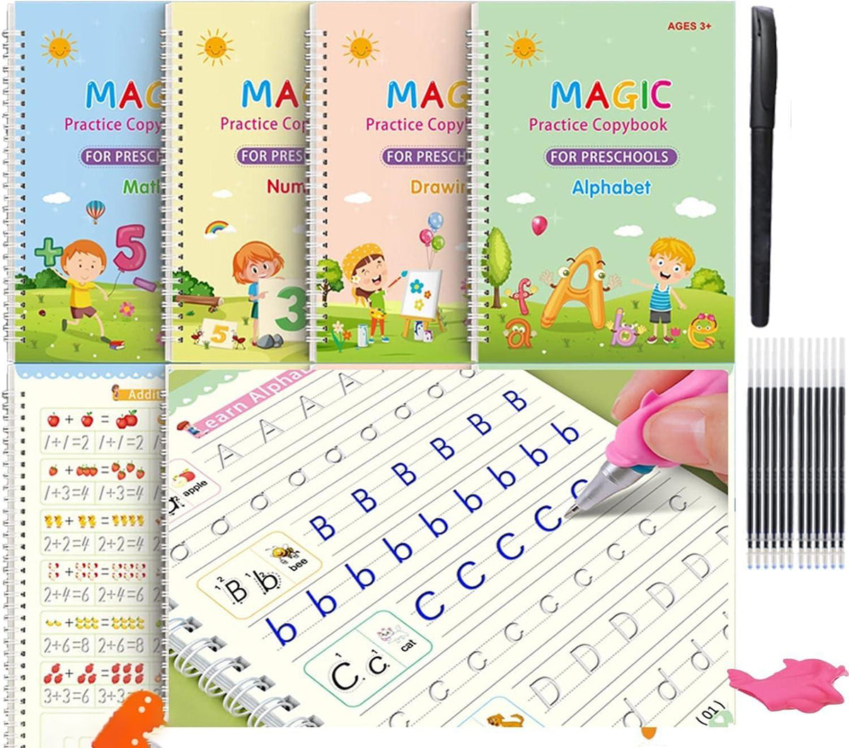 Magic Practice Copy Book For Pre School Kids Re Usable Drawing Alphabet Numbers And Math Exercise English Magic Book For Children 4 Book 10 Rifil 1 Pen 1 Gripholder Image 2