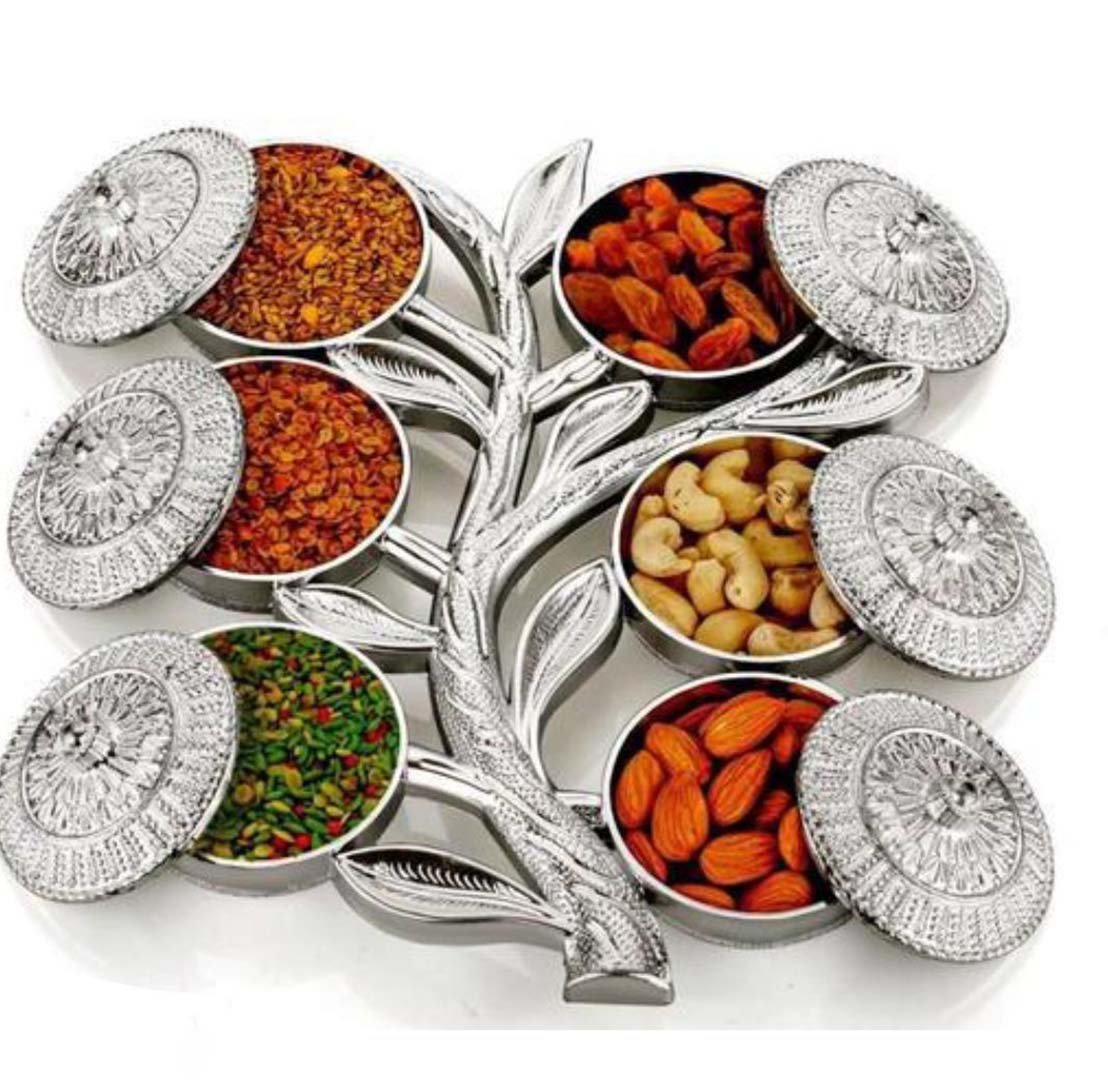Multipurpose Tree Shape 6 Section Royal Design Silver Storagegift Box Dry Fruits Box Image 1