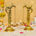 Hanging Diya With Chain Diya Pair Of Bird Diya Deepak Oil Lamp Showpiece Metal Gold Shine Hanging Diya Pair Showpiece For Table Decor Image 1