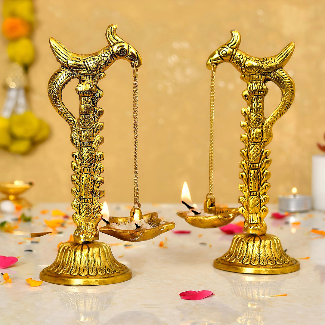 Hanging Diya With Chain Diya Pair Of Bird Diya Deepak Oil Lamp Showpiece Metal Gold Shine Hanging Diya Pair Showpiece For Table Decor Image 1