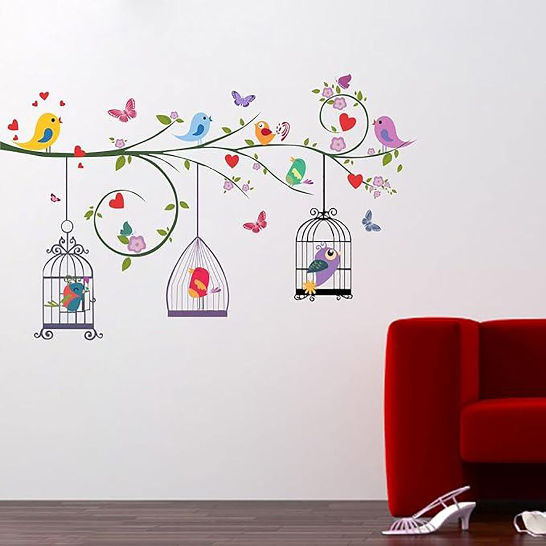Bird And Cage Wall Sticker Archil Graphics Tree With Birds And Cages Wall Sticker For Living Room Dorsize 122X77Cm Image 3