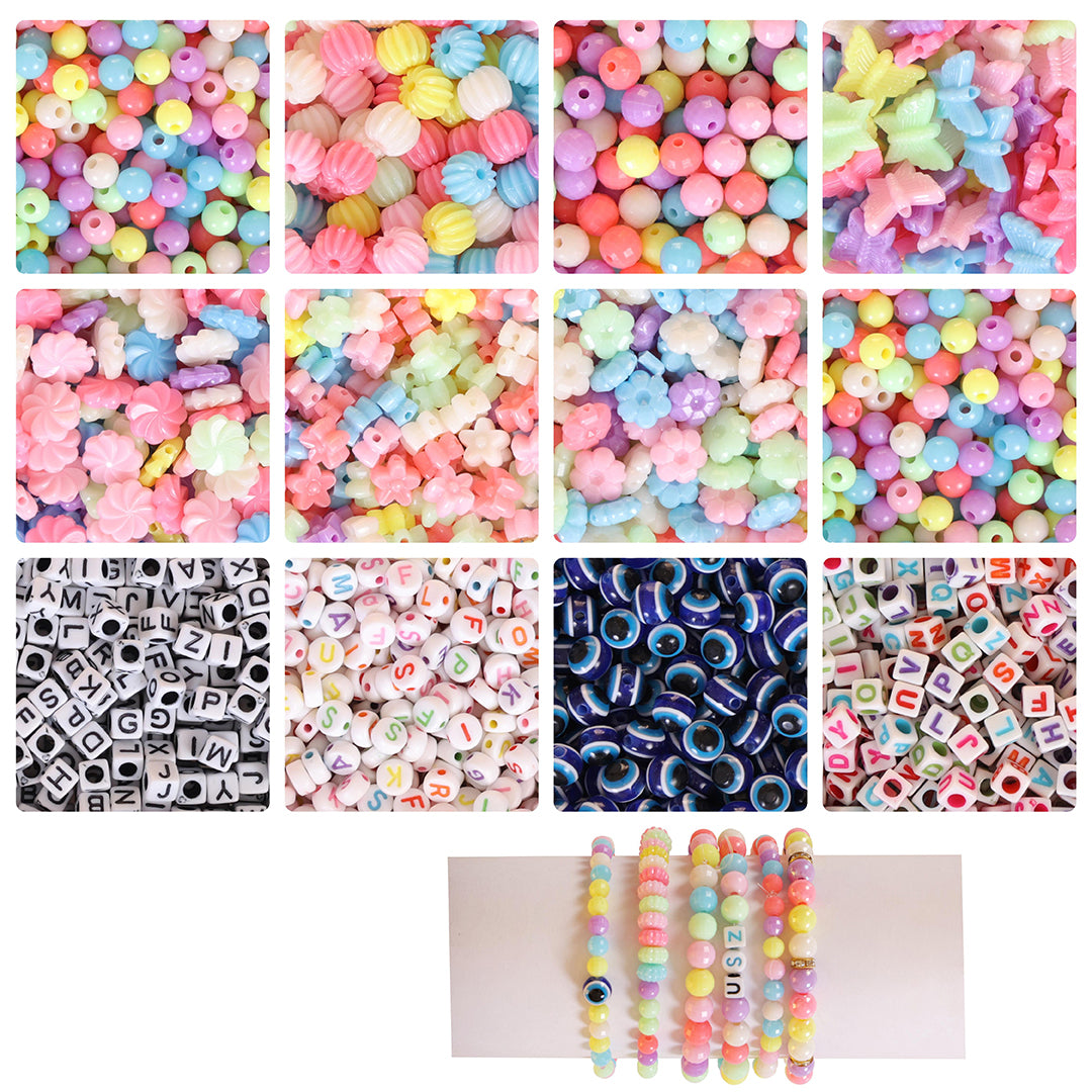 Diy Beading Kit Set Of 400 Pcs 12 Plastic Beads With Elastic Thread Thread Cutter Jute Bag Light Multicolor Image 1