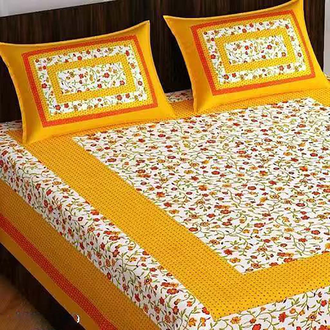 Cotton (90x100 Inch) Double Size Bedsheet With 2 Pillow Cover in Yellow Color Image 1