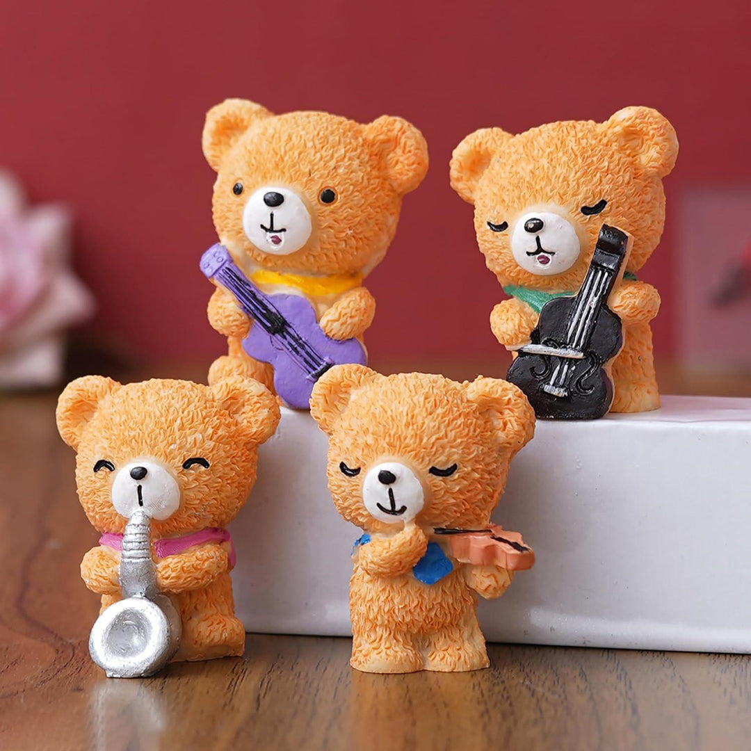 Set Of 4 Cute Teddy Bears Playing Musical Instruments Decorative Showpieces Valentine Gifts For Girlfriend Boyfriend Husband Wife Polyresin Brown Image 2