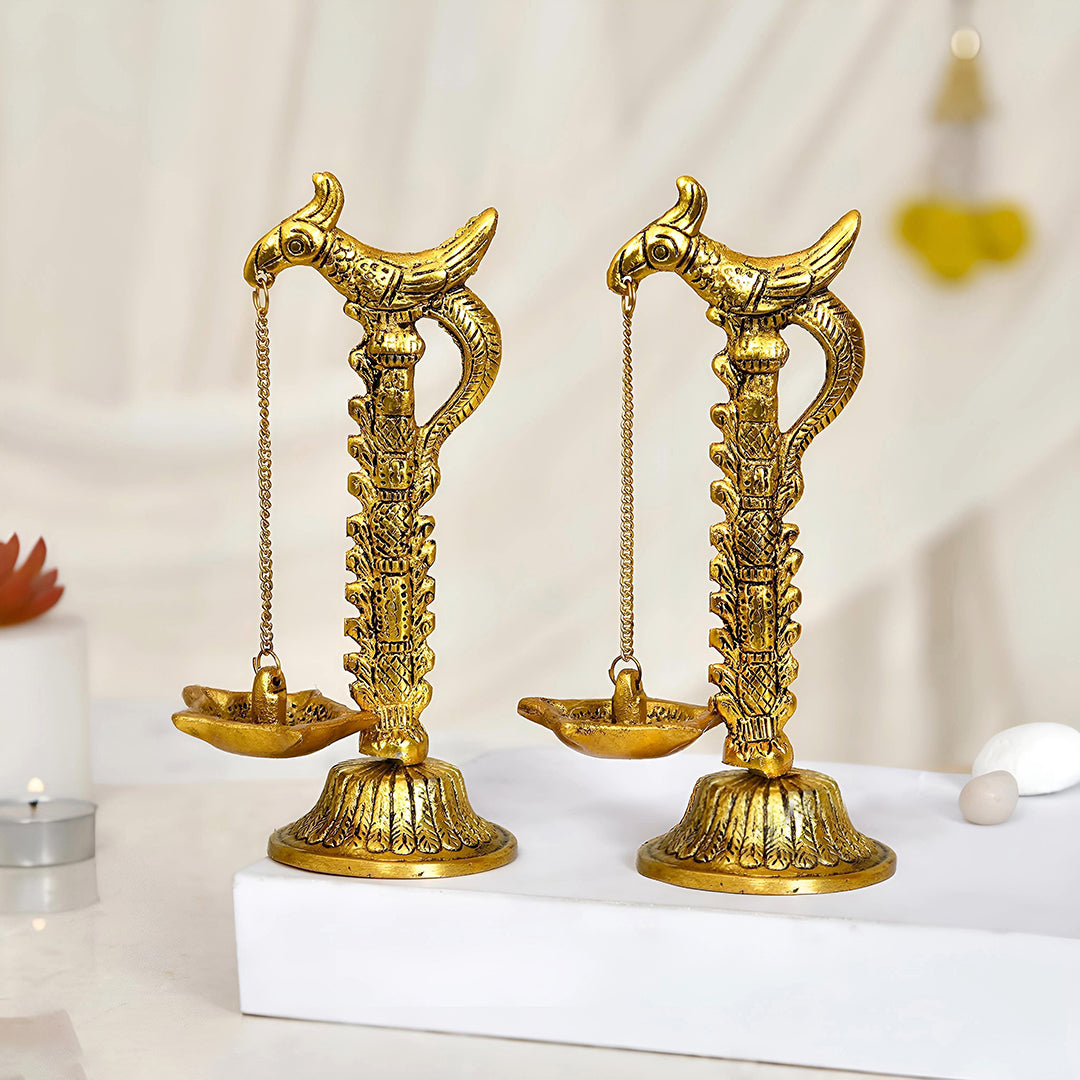 Hanging Diya With Chain Diya Pair Of Bird Diya Deepak Oil Lamp Showpiece Metal Gold Shine Hanging Diya Pair Showpiece For Table Decor Image 2