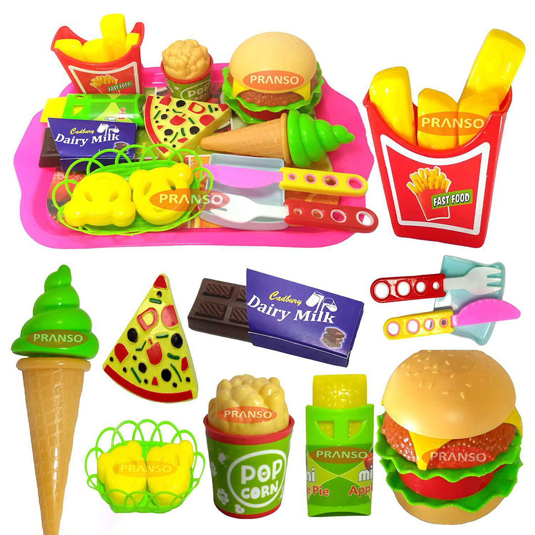 18 Pcs Play Fast Food Set Pretend Play Barger Fries And Ice Cream With Trey Food Toy Image 1