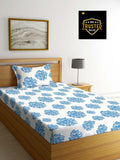 Cotton (60x90 Inch) Single Size Bedsheet With 1 Pillow Cover in White & Blue Color Image 1
