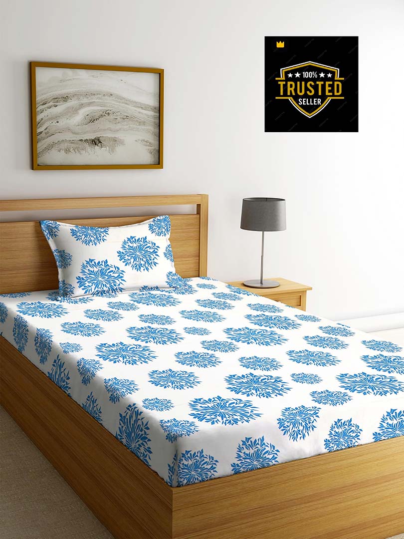 Cotton (60x90 Inch) Single Size Bedsheet With 1 Pillow Cover in White & Blue Color Image 1