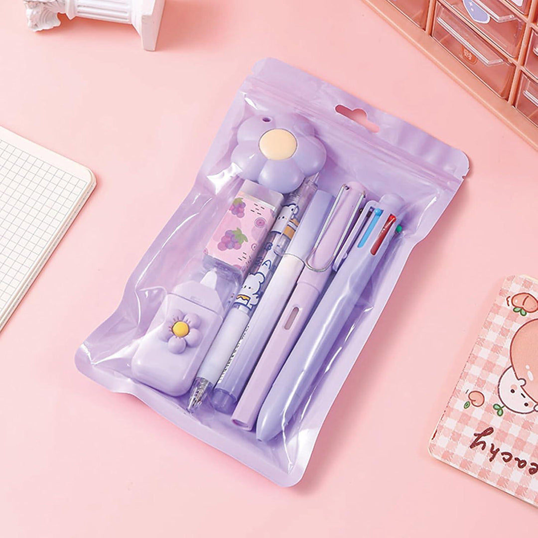 7 Pcs Cute Pink Stationery Set School Supplies Office Supplies Including Ballpoint Pens Pencil Sharpener Highlighter Correction Tape Ruler Utility Knife Pink Image 2