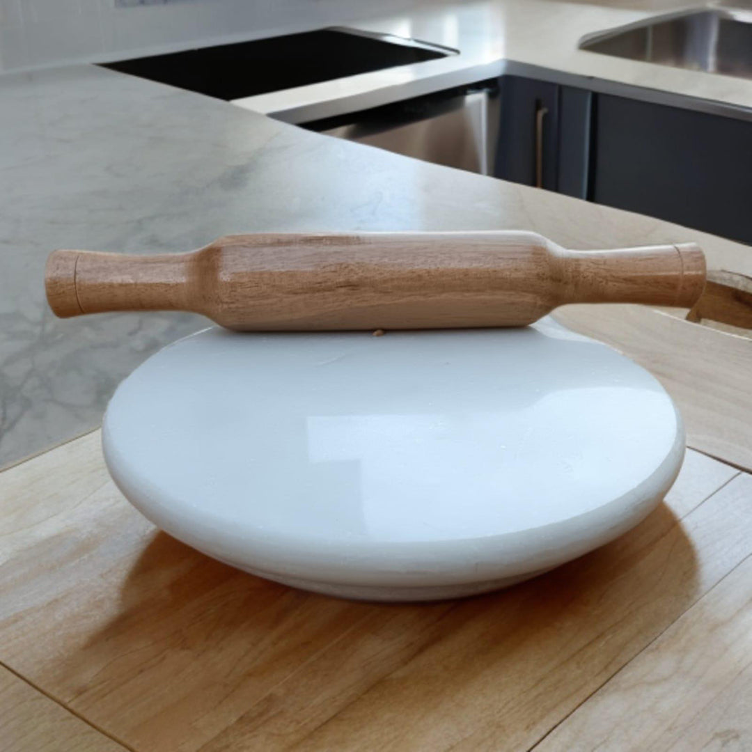 White Marble Chakla Belan With Mirror Polish Shining 9 Inch Diameter Pack Of 2 Marble Chakla With Wooden Belana For Kitchen Use Best For Roti Maker Tool Image 1