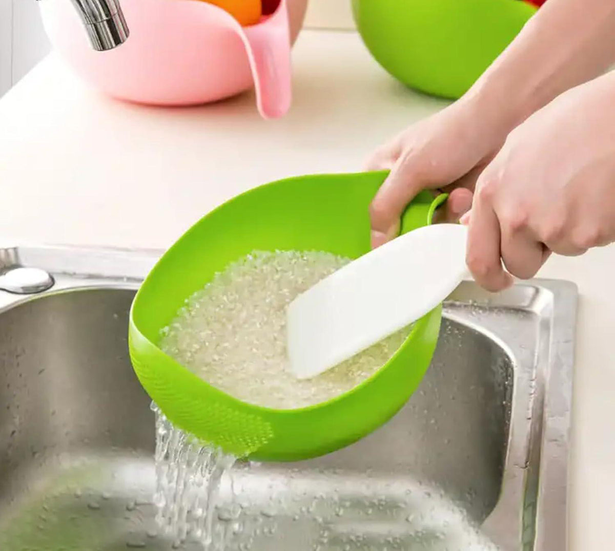 Multipurpose Plastic Rice Wash Bowl With Handle For Rice Vegetable And Fruits Image 2