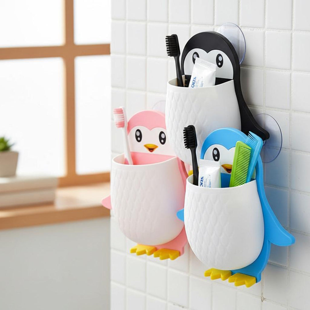 Pack Of 3 Kids New Penguin Design Toothbrush Holder Unique Wall Mounted Self Adhesive Storage Wall Mount Toothbrush Holder Wall Mount Remote And Mobile Stand Pink Or Blue Or Black Image 2