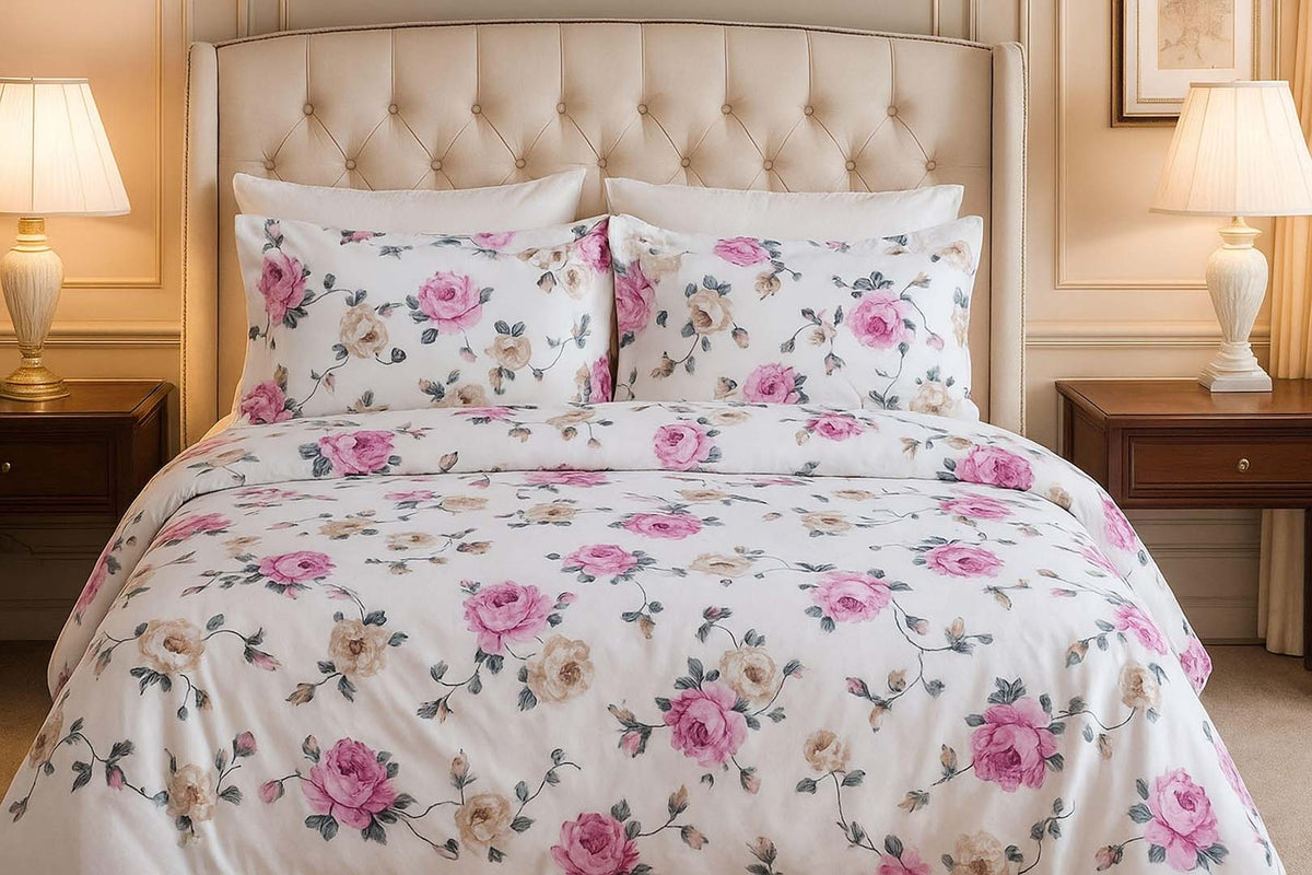 Polycotton (90x100 Inch) Double Size Bedsheet With 2 Pillow Cover in white & Pink Color Image 1