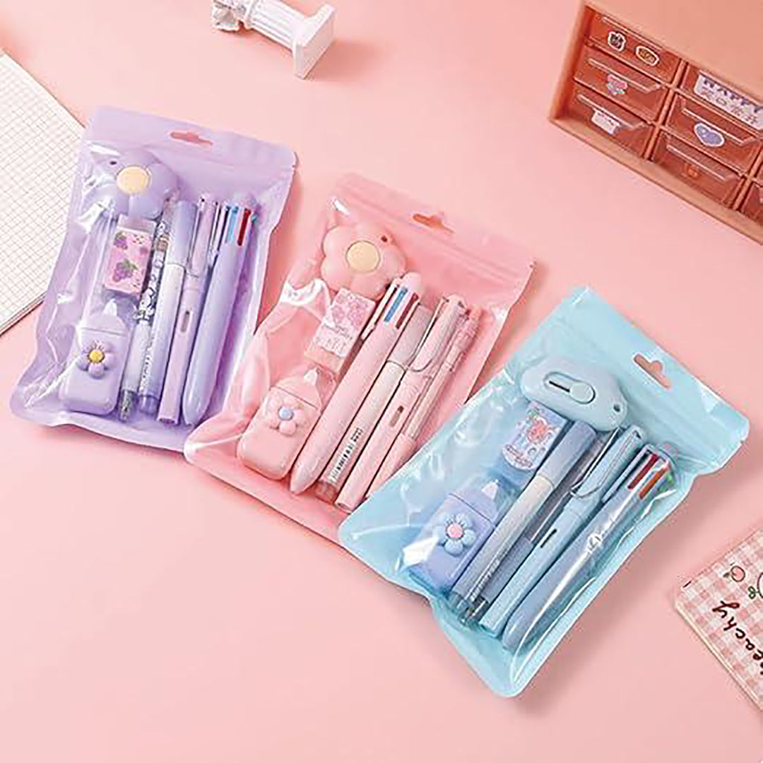 7 Pcs Cute Purple Stationery Set Kawaii School And Office Supplies With Pen Sharpener Highlighter Ruler And Utility Knife Image 3