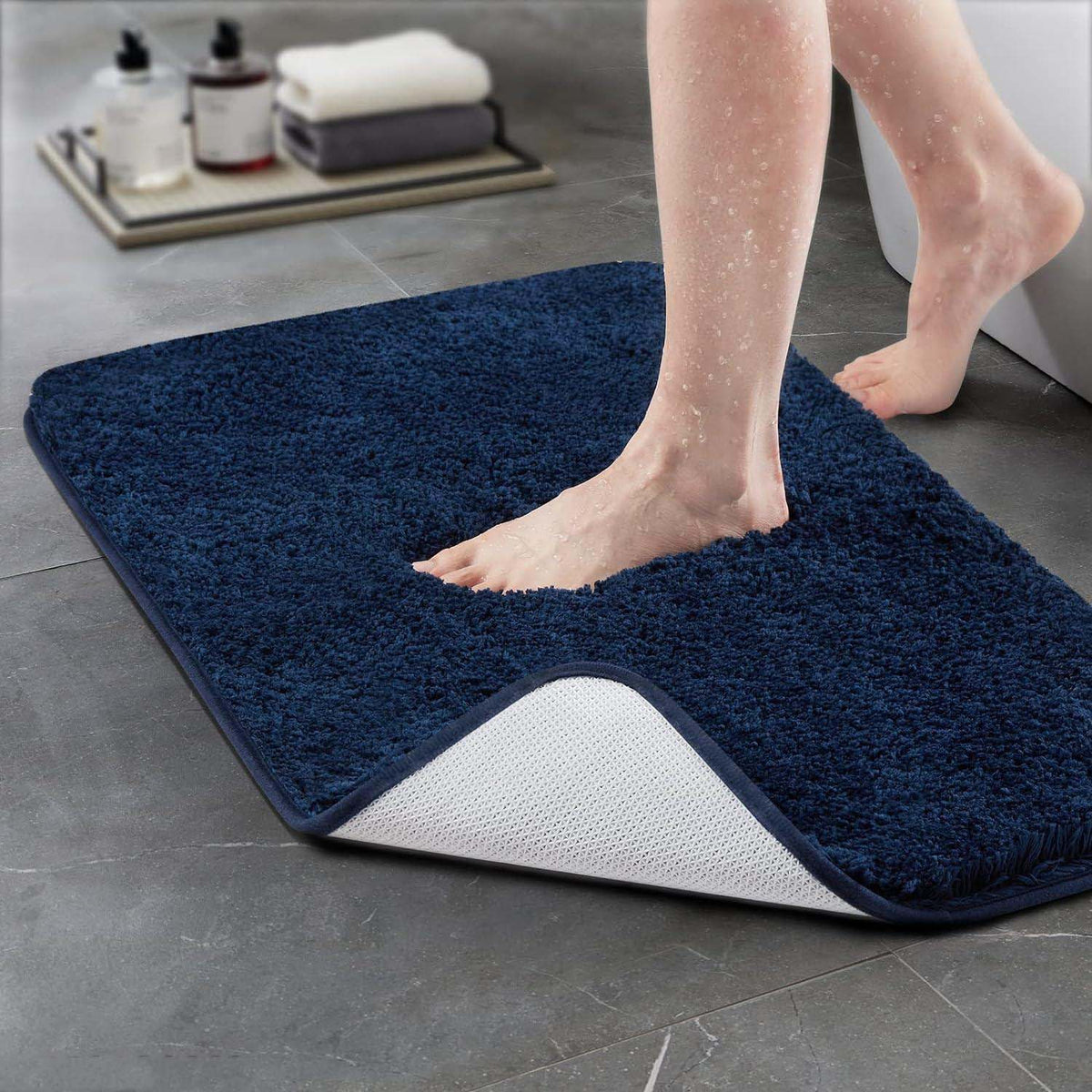 Shaggy Anti-Slip Doormat for Home & Bathroom Entrance Navy Blue Rectangular Mat (16x26 Inch) Image 1