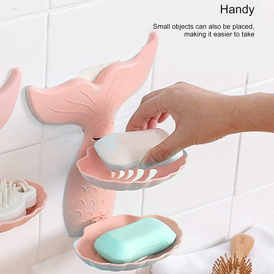 Soap Holder For Bathroom Self Adhesive Mermaid Shape Double Layer Soap Case Image 2