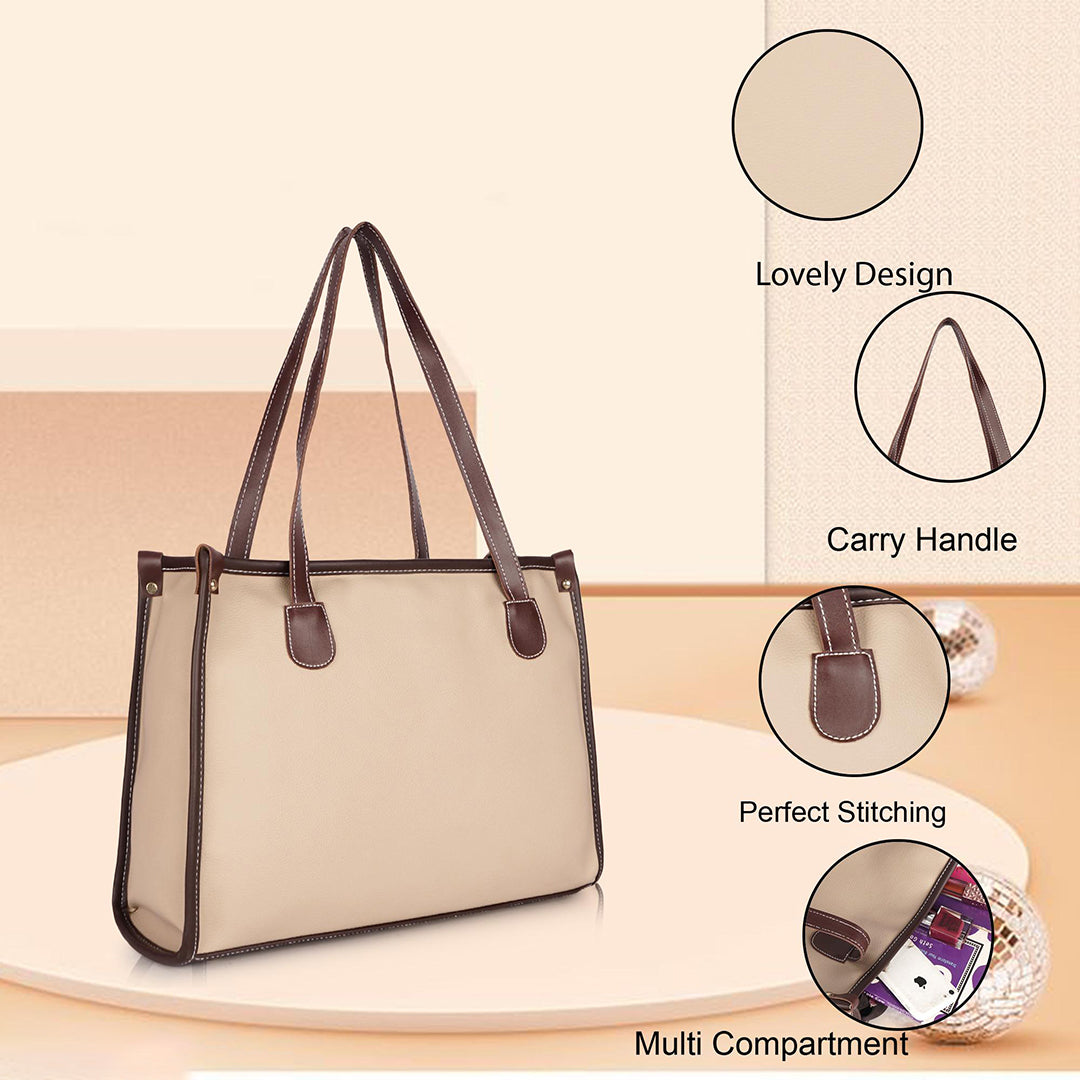 Handbag For Women And Girls Stylish Beige PU Leather Bag Image 1