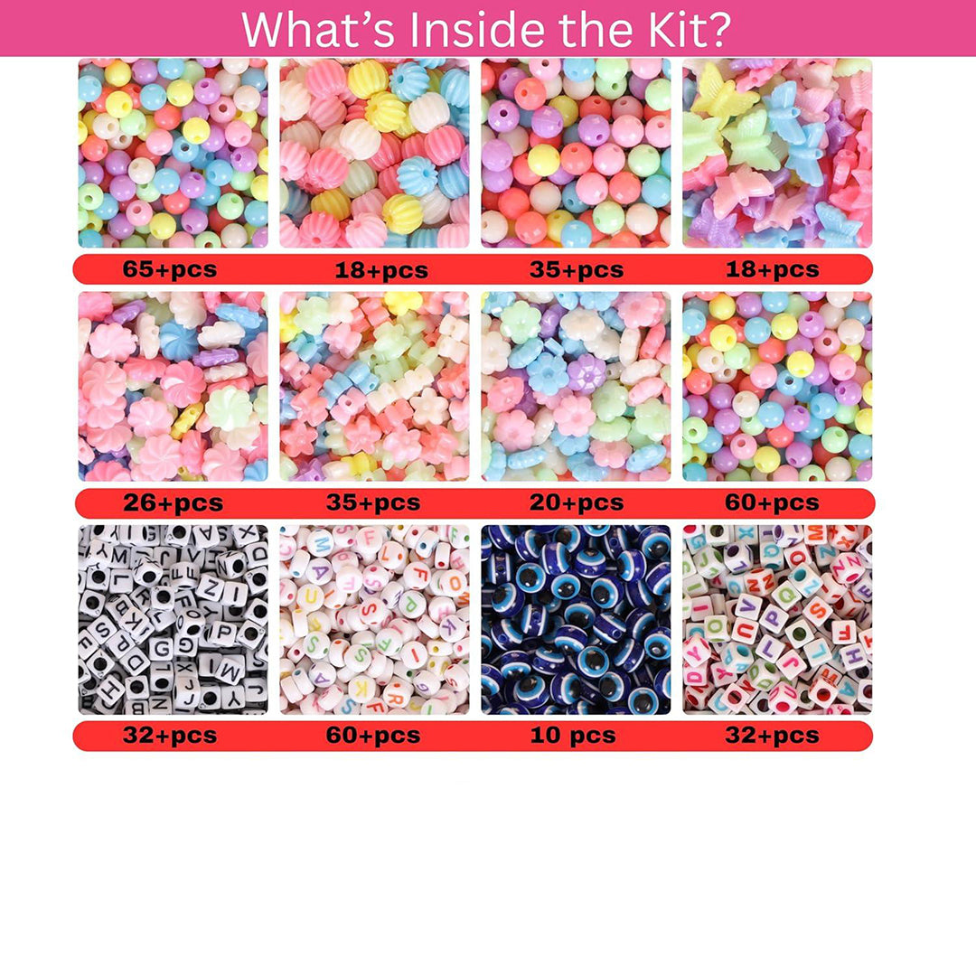 Diy Beading Kit Set Of 400 Pcs 12 Plastic Beads With Elastic Thread Thread Cutter Jute Bag Light Multicolor Image 3