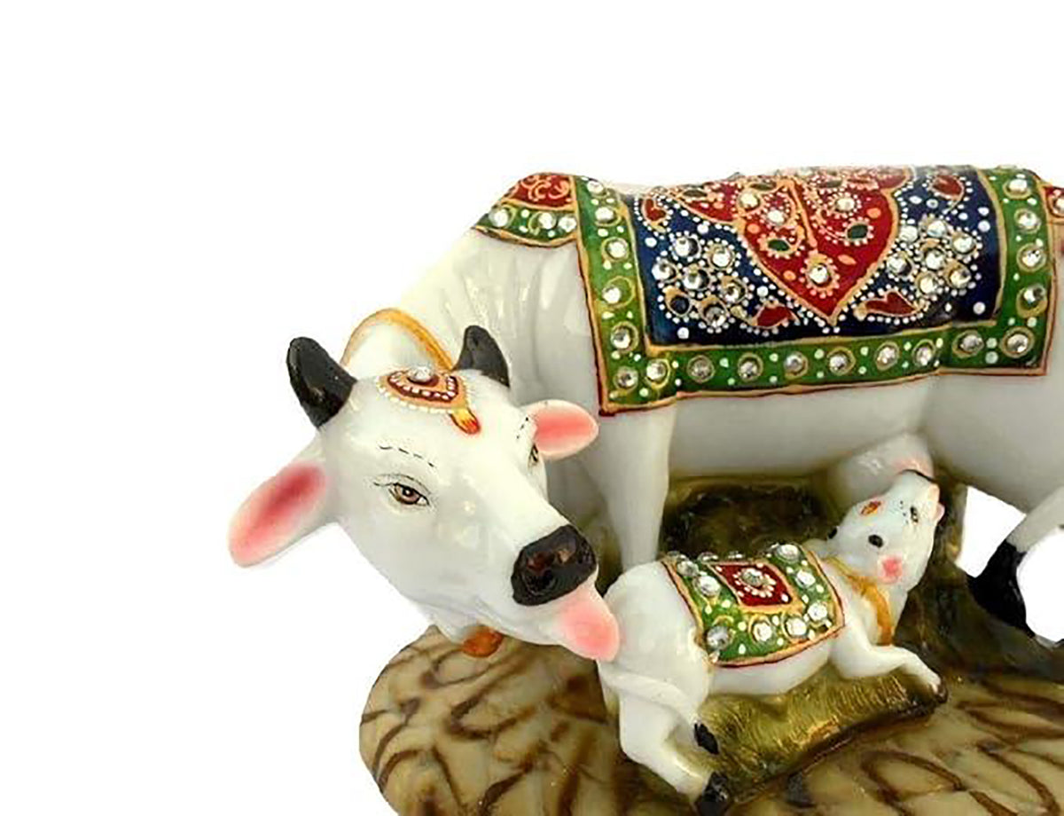 Kamdhenu Cow And Calf Showpiece Good Luck Gift Handicraft Marble Dustpolyresin Decorative Statue 5X3X3 Inch Export Quality Image 3