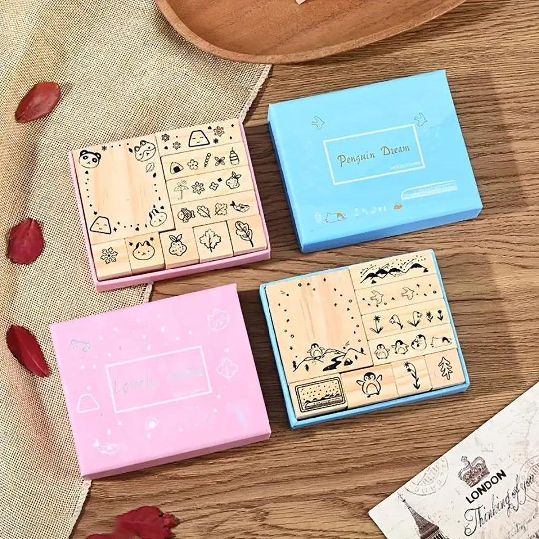 10Pc Cute Wooden Rubber Stamp Set Kawaii Decorative Stamps For Journaling Scrapbooking Diy Crafts Stationery Fun Seal Stamppack Of 10Pc Image 1