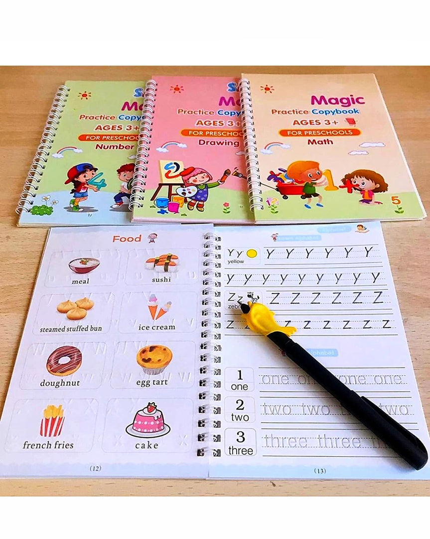 Magic Practice Copy Book For Pre School Kids Re Usable Drawing Alphabet Numbers And Math Exercise English Magic Book For Children 4 Book 10 Rifil 1 Pen 1 Gripholder Image 1